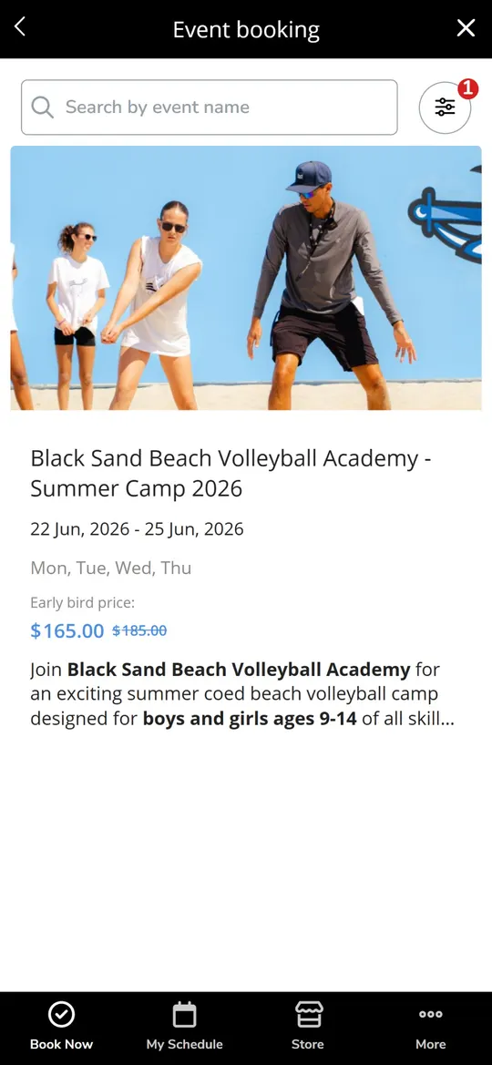 The Black Sand BVA app’s booking screen on a phone